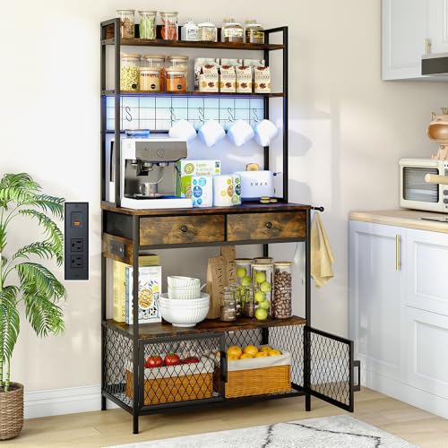 jiteentarou 64 inch Coffee Bar Cabinet with Power Outlets and Drawers,5-Tier Bakers Rack with Storage,Microwave Stand for Kitchen Industrial Coffee Bar Station with LED Lights and Hook