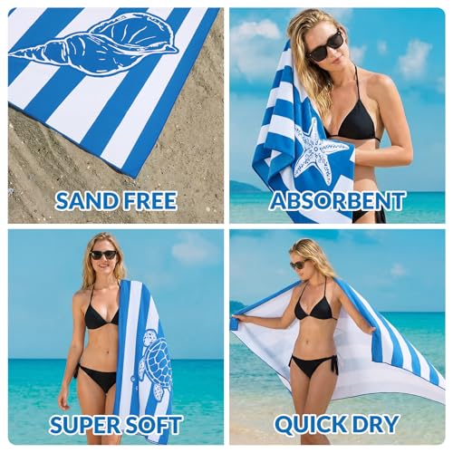 Frienda 4 Pack Microfiber Oversized Lightweight Beach Towel 71x32 in for Women Men Microfiber Quick Dry Sand Free Ocean Coastal Towels for Beach Pool Travel (Blue and White Stripes) - style: Blue and White Stripes