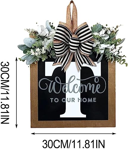 Last Name All Year Round Front Door Wreath with 26 Initial Letter Welcome Sign All Seasons Eucalyptus Garland and Bow ，Farmhouse, Porch, for Spring Summer Fall All Seasons Holiday Halloween Christmas.（T） - color: T