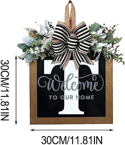 Last Name All Year Round Front Door Wreath with 26 Initial Letter Welcome Sign All Seasons Eucalyptus Garland and Bow ，Farmhouse, Porch, for Spring Summer Fall All Seasons Holiday Halloween Christmas.（T） - color: T