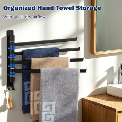 NearMoon Swivel Towel Rack, 13.8" Thicken 304 Stainless Steel 4-Arm Towel Bar, Space Saving Wall Mounted Towel Holder with Hook, Rustproof Swing Out Towel Hanger for Bathroom, Square (Matte Black) - color: Matte Black, size: 13.8 Inch-Squ