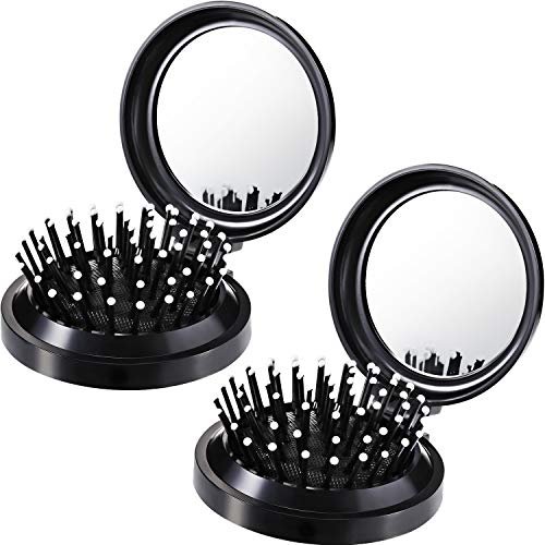Boao 2 Pack Foldable Travel Mirror Hair Brushes Round Portable Folding Pocket Hair Brush Mini Comb Compact Travel Size Massage Comb for Men Women(Black,Round) - color: Black, style: Round