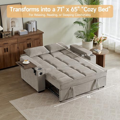 oaaktu 65'' Convertible Sleeper Sofa Bed,Extra Thick Cushion Polka dot Velvet Pull Out Futon Couch with Storage handrails & Rotating Side Tables,Convertible Sofa Couch for Living Room,RV (07S-Khaki) - color: 07s-khaki