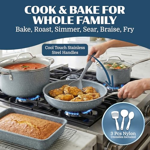 Granitestone Ceraluxe 20 Pc Ceramic Cookware Set Nonstick, Complete Pots and Pans Set Non Stick for Kitchen with Bakeware, Utensils & Steamer, Non Toxic Made Without PFOA PFOS, Oven & Dishwasher Safe - color: Gray