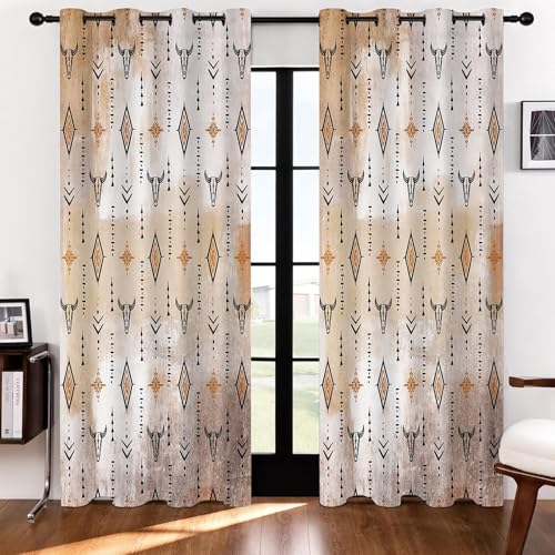 Aztec Blackout Curtains Tribal Western Bull Skull Boho Drapes Rustic Cowboys Native Ethnic Grommets Window Curtain Drapes for Bedroom Kitchen Living Room 2 Panels, 42x90in - color: Orange Black, size: 42"W x 90"L (Pack of 2)