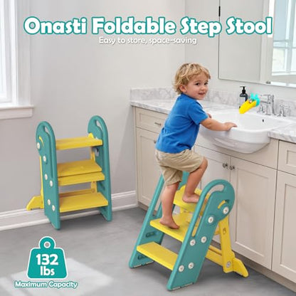 Onasti Folding Step Stool with Adjustable Height, 3-Step Converts to 2-Step, Sturdy Anti Slip Bathroom Step Stool for Toilet, Bathroom Sink, Kitchen Counter, Space Saving Design for Home Use- Green - color: Green Yellow