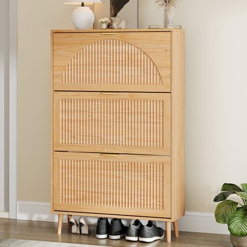 Shoe Storage Cabinet with 3 Flip Drawers, Narrow Wood Shoe Organizer Cabinet with Fluted Panel, Slim Shoe Rack for Entryway, Freestanding Shoe Cabinet for Living Room, Hallway, Wood Color - color: Nature Oak, size: 3-Drawers