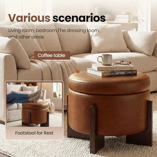 Faux Leather Round Ottoman, 22 Inch Storage Ottoman,PU Leather Ottoman,Multi-Functional Footrest for Living Room & Bedroom,Apartments (Light Brown, Round) - color: Light Brown