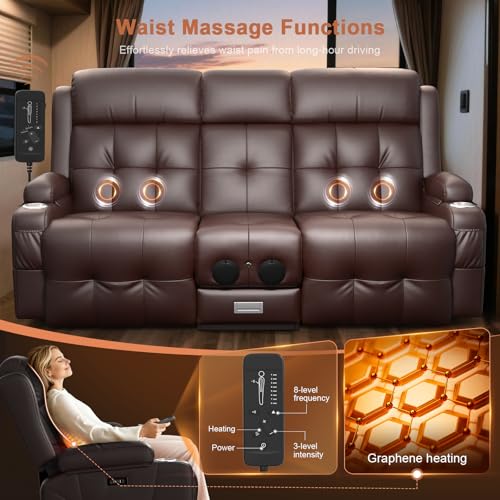 Power RV Loveseat Recliner Sofa, Reclining Loveseats Couch for RV Furniture, Home Theater Seating with Heat Massage, Flip Backrest, USB, Cup Holders, 150° Wall Hugger RV Recliners Sleeper Sofas - color: Flip Back Brown, size: Loveseat-G1-Power