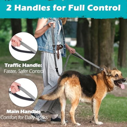 PetBonus Heavy Duty Tactical Dog Leash, 5 FT Bungee Shock Absorption Leash with 2 Padded Handles, Quick Release Metal Clip, Car Seatbelt, No Pull Training Lead for Large Medium Dogs（Grey） - color: Grey