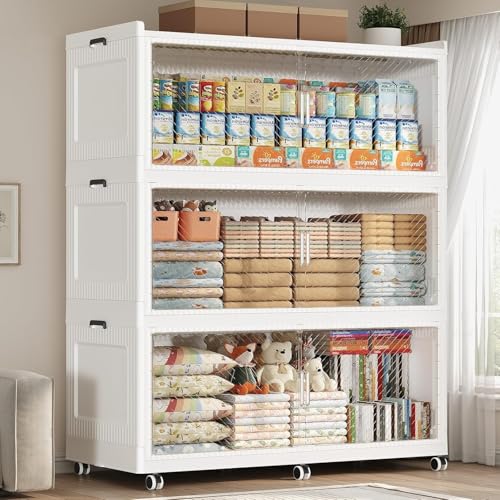 720QT Storage Bins with Lid Extra Large Stackable Closet Organizer Plastic Container Box, 240Gal 3-Tier Collapsible Cabinet with Wheels and Doors for Living Room Kitchen Office Dorm, White - color: White Clear, size: 320QT-3Pack