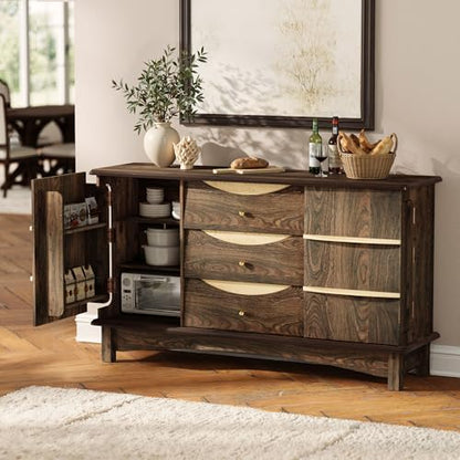 STO'SENSE Buffet Cabinet with Stroage, Large Sideboard Buffet Cabinet w/ 3 Drawers, Solid Wood Handle, Modern Coffee Bar Station w/ 2 Doors, Concealed Storage Shelves & Sliding Tray (Walnut)