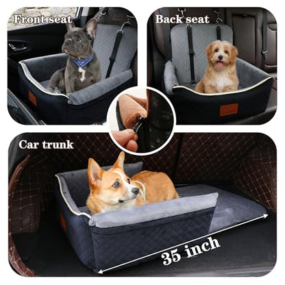 Dog Car Seat Bed 2 in 1 for Small/Medium Dogs up to 35 lbs,Adjustable Safety Leashes,Memory Foam with Soft Fabric Pets Travel Car Bed,Easily Installed in Front and Back seat,Removable and Washable. - color: Grey