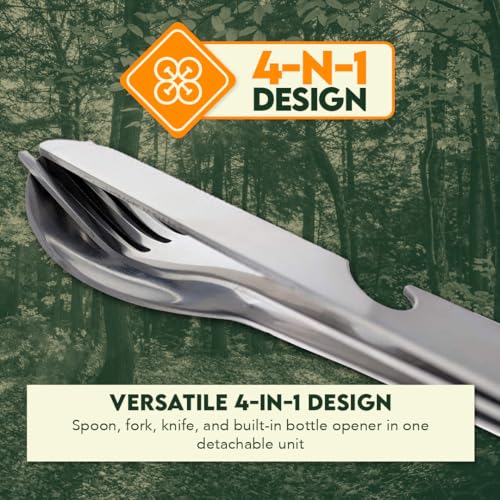 SE 4-in-1 Detachable Stainless Steel Utensil Set - Spoon, Fork, Knife, Bottle Opener - 6.5" Length, Compact for Camping, Hiking, Travel - Includes Clear Pouch - KC7043FSK