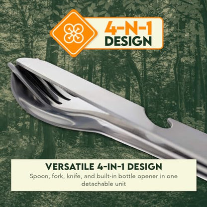 SE 4-in-1 Detachable Stainless Steel Utensil Set - Spoon, Fork, Knife, Bottle Opener - 6.5" Length, Compact for Camping, Hiking, Travel - Includes Clear Pouch - KC7043FSK