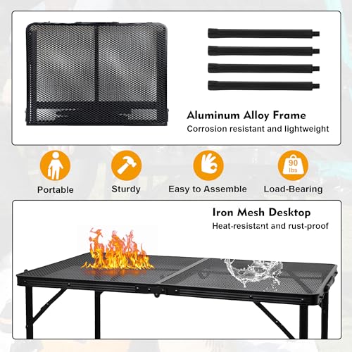 GREGIN Camping Table with Mesh Desktop, Lightweight & Portable Folding Grill Table, Height Adjustable Metal Outdoor Table for Camp, Cooking, BBQ, RV, Picnic-3 FT Black - size: M: 35.43"L x 23.62"W x 16.5"H/26"H