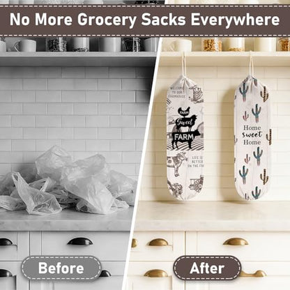 2Pcs Farmhouse Plastic Bag Holder for Kitchen Essentials, Reusable Hanging Grocery Bag Organizer, Washable Large Grocery Trash Bags Storage Dispenser, Farmhouse Home Decor - style: Farmhouse