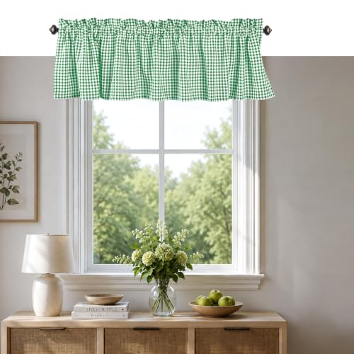 Mini Gingham Check Valance Curtains, 2 Pack, 54x18 Inches, 100% Cotton Rod Pocket Kitchen Window Valances for Farmhouse, Café, Bedroom, Bathroom and Living Room - Lemon Green - color: Lemon Green, Gingham, size: 18"W x 54"L (Pack of 2)