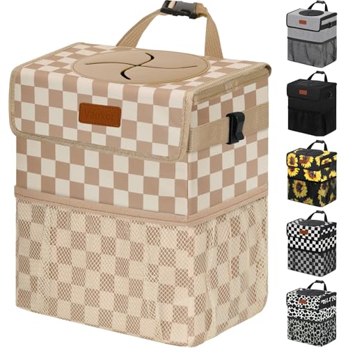 Vankor Car Trash Can Bin with Lid Hanging for Back Seat, Car Accessories for Women Men Leak Proof Automotive Garbage Cans Leakproof Vehicle Trash Can for Truck SUV,Khaki Checkered - color: Khaki Checkered, size: 2.2 Gallons