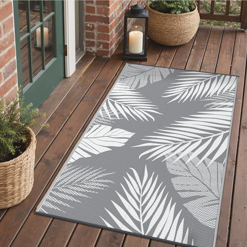 GENIMO Outdoor Rug 3' x 5' Waterproof for Patios Clearance, Reversible Outdoor Plastic Straw Camping Rug Carpet, Large Area Rugs Mats for RV, Camper, Deck, Balcony, Porch, Beach, Picnic, Grey&White - color: Grey & White, size: 3' x 5' (Rectangular)