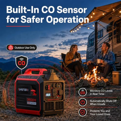 AMERISUN 3800W Portable Inverter Generator, CO Sensor, Gas Powered Generator, Super Quiet for Home Use, ECO Mode EPA Compliant, Parallel Capable Long Run Time for Camping Tailgating Emergency