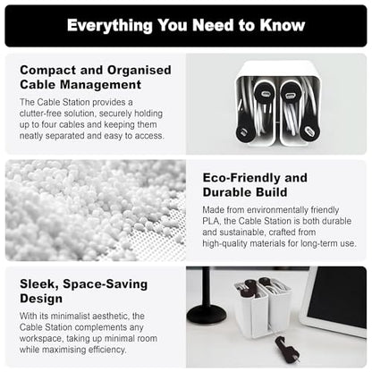Cable Organizer with Multiple Compartments, Secure Cable Ends, Prevent Tangling, Tidy Workspace, Charging Solution, Desk Organizer Cord Management, White Plastic