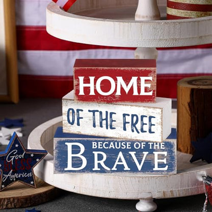 Huquary 4 Pcs 4th of July Decorations Patriotic Memorial Day Table Sign Independence Day Table Wood Decorations Red White Blue Block for Office Tiered Tray Home Shelf 250th Anniversary(Retro Star)