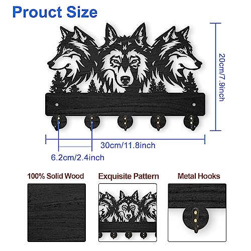MAYJOYDIY Wood Wolf Wall Mount Coat Rack 11.8×8inch Wolf Forest Key Holder for Wall Coat Rack Wolf Key Hook 5 Alloy Hooks Animal Theme Wall Art Hook Gift for Hallway Office Living Room - color: Wolf