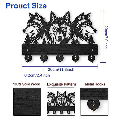 MAYJOYDIY Wood Wolf Wall Mount Coat Rack 11.8×8inch Wolf Forest Key Holder for Wall Coat Rack Wolf Key Hook 5 Alloy Hooks Animal Theme Wall Art Hook Gift for Hallway Office Living Room - color: Wolf