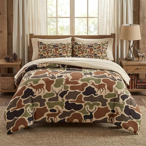 Nesker 7 Pcs Comforter Set Full Size, Camouflage Hunting Bedding Set for Kids and Adults, Black Brown Green Deer Bed Sheet Sets with Fitted Sheet 2 Pillowcases & 2 Shams - color: Camouflage, size: Full