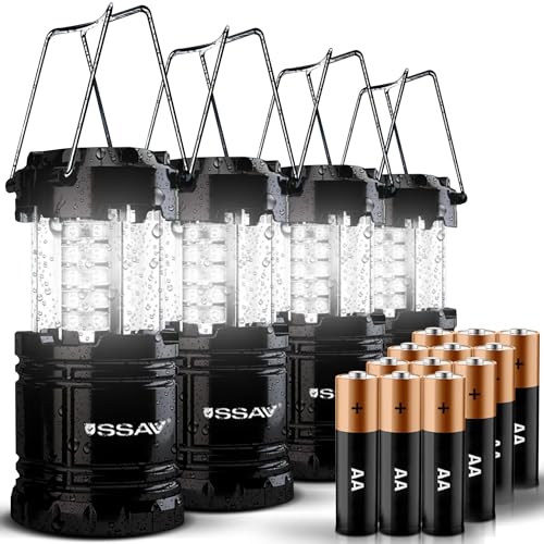 SSAV LED Camping Lantern, Emergency Lanterns for Power Outages & Hurricane Preparedness, Collapsible Portable Survival Lights for Camping, Storms & Emergencies, Batteries Included (4, Black) - color: Black