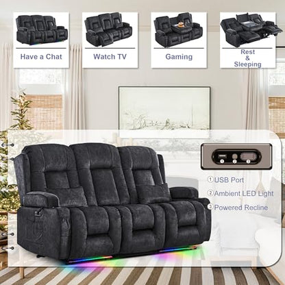 TUNYI Power Loveseat Recliner Sofa with Massage & Heat Home Theater Seating with Console RV Recliner Loveseat Sofa with USB/Storage/Side Pocket/LED Light/Speaker (Grey, 3 Seat) - color: Grey, size: 3 Seat