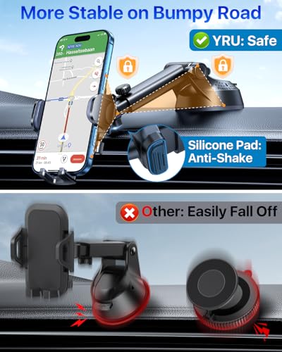 YRU [True Upgrade for Safety] Car Phone Holder Mount [Patent & Military-Grade] Dashboard Cell Phone Holder for Car Vent Windshield Phone Stand for iPhone 17 16 15 14 13 Pro Max Truck Samsung (Grey) - color: Grey