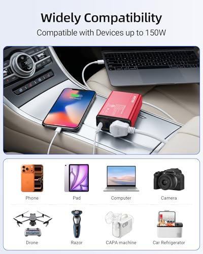 BESTEK 150W Car Power Inverter 11V-17V for Tesla Truck RV, 30W USB C PD 18W USB A Charger, 12V DC to 110V AC Converter with Detachable Cigarette Lighter Cable, 10-Layer Protection, ETL Certified, Red - color: Red
