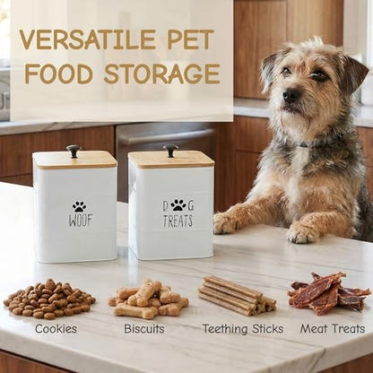 SOUJOY 2 Pack Dog Treat Container, 3Lbs Airtight Pet Food Storage Container with Lid, 7"x5" Iron Small Pet Treat Canister for Cookie, Bone, Biscuit, Dog Food Bin for Kitchen Counter, White
