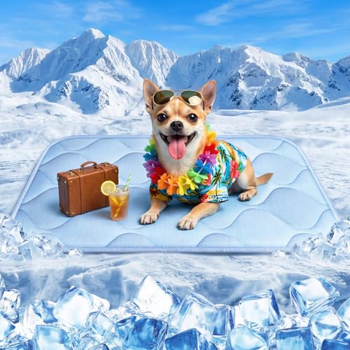 Cooling Mat for Dogs and Cats 24" x 18", Premium Pet Cooling Bed Indoor Outdoor w Ice Silk, Summer Cool Pad for Puppy Kitty, Non-Slip Washable Pet Blanket for Crate Kennel (Cryo Ice Blue) - color: Ice Blue Wave Stitching, size: Small