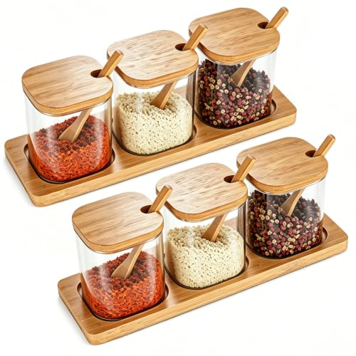 Bamboo Spice Jar Set with Wooden Lids and Spoons, Glass Condiment Containers with Serving Tray, Kitchen Storage Organizer for Seasonings, 3-Piece (Light Brown, 6P Middle) - size: 6P Middle
