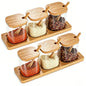 Bamboo Spice Jar Set with Wooden Lids and Spoons, Glass Condiment Containers with Serving Tray, Kitchen Storage Organizer for Seasonings, 3-Piece (Light Brown, 6P Middle) - size: 6P Middle