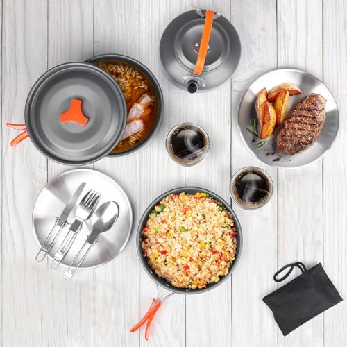 Bisgear Camping Cookware Kettle Backpacking Stove Mess Kit, Camping Pots and Pans Set with Cups Plates Utensils, Camping Kitchen Accessories Cooking Set Survival Gear