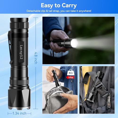 LETMY Rechargeable Flashlights High Lumens, 2 Pack 2000 Lumens Super Bright LED Tactical Flashlight, 3 Modes Samll Powerful Flash Lights with Clip, Waterproof Flashlights for Home Emergency Camping - color: Black