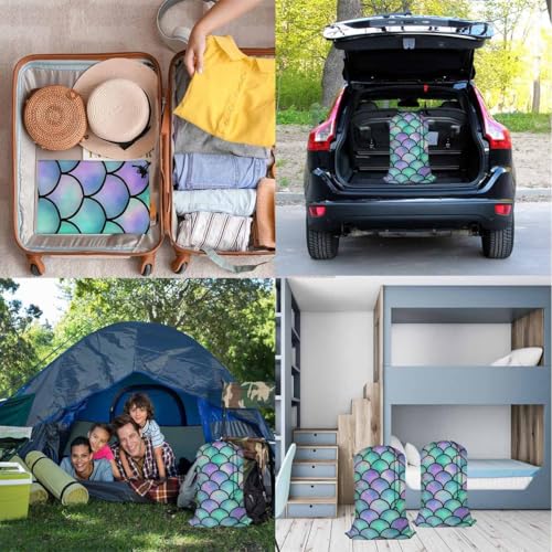 Swono Heavy Duty Large Laundry Bag Mermaid Scales 1 Pack 28 x 40 Inch, Watercolor Rainbow Sea Life XL Drawstring Travel Organizer Bag Tear Resistant Dirty Cloth Storage 4 Loads of Clothes, Ocean Theme - color: Mermaid Scales