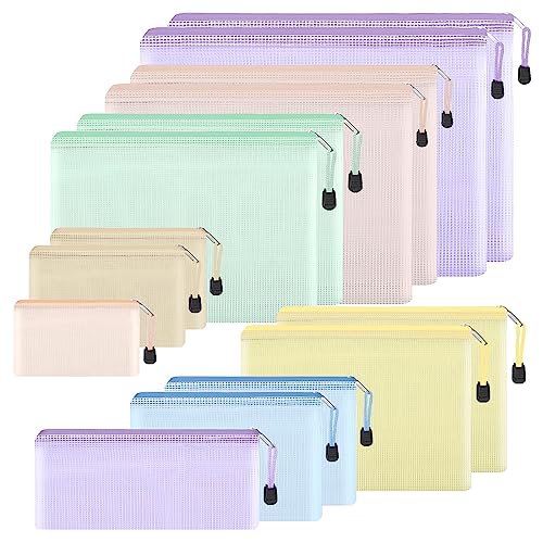 EOOUT 14pcs Mesh Zipper Pouch, 8 Sizes Waterproof Zipper Bags, 7 Colors Waterproof Plastic Document Pouch, Multipurpose for Travel Storage, Office Appliances, Home Organize - style: Multicolor-14pcs