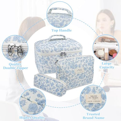 Gosect Makeup Bag, Large Quilted Cosmetic Bag, Big Floral Make Up Bag for Women Girls, Cute Cotton Makeup Bag Set, Flower Travel Toiletry Organizer Bag (Blue Flower) - color: Flower
