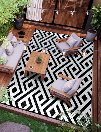6x9 Outdoor Patio Rug with Carry Bag, Waterproof Outdoor Plastic Straw Rug RV Camping Rug, Reversible Picnic Mat Outside Carpet for Backyard, Porch, Balcony, Deck, Black & Light Grey
