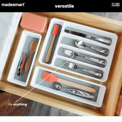 madesmart Small Silverware Tray, Compact 5 Compartment Flatware Organizer for Forks, Knives & Spoons, Non Slip, Soft Grip Lining, Fits Small Drawers, White - color: White