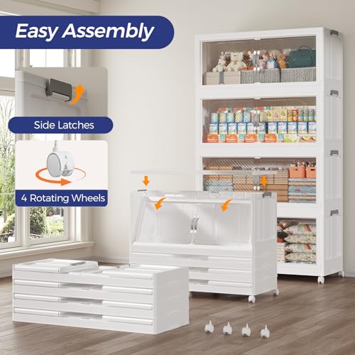 360QT Extra Large Stackable Storage Bins with Lid & Wheels & Doors, 90Gal Foldable Collapsible Closet Organizers, Plastic Cabinet Box Container Drawer for Home Kitchen Bedroom, 3Pack White - style: 3Pack