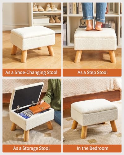 YMYNY Storage Ottoman, Small Foot Stool Ottoman with Storage, White HBD042W | Teddy Velvet, Sturdy Wood Legs, For Living Room Bedroom Couch Entryway - color: White