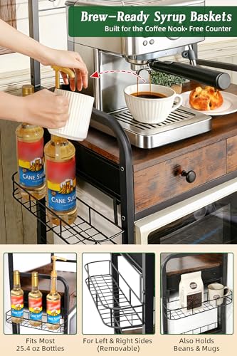 Rolling Coffee Bar Cart for Small Spaces, Coffee Station Cabinet with Storage, Apartment Coffee Nook, Side Syrup Rack, Tea Pod Drawer, Magnetic Doors, Lockable Wheels, Rustic Brown - color: Black & Brown