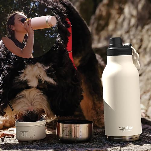 asobu Buddy Bottle a Stainless Steel Insulated Water Bottle for with Removable Dog Water Bowl and Dog Food and Treat Storage Bowl (White, 34 oz Water Bottle | 2 Bowls) - color: White