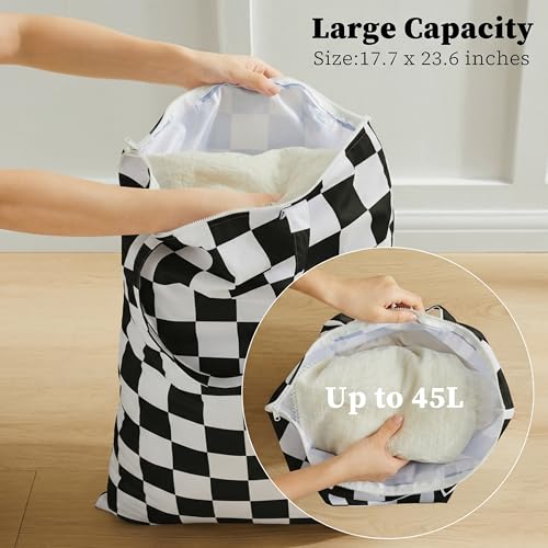 Ohocut Checkered 2 Pcs Large Travel Laundry Bags for Dirty Clothes, Aesthetic Trendy Waterproof Washable Laundry Bag with Handle for Travel, Gym, Swimming Pool Black and White - color: Black